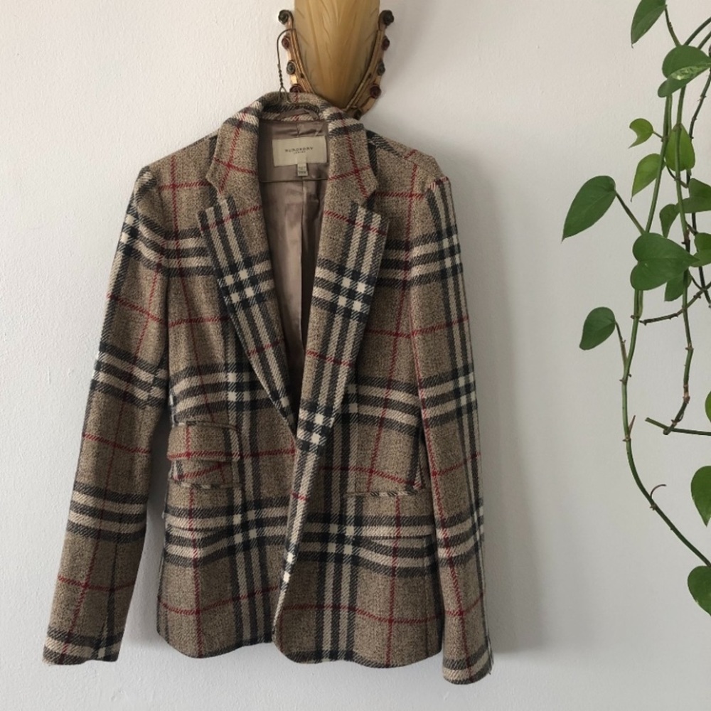 Burberry blazer classic wool plaid trim jacket